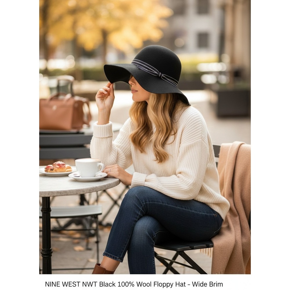 Nine West NWT Black 100% Wool Floppy Hat – Wide Brim – One Size